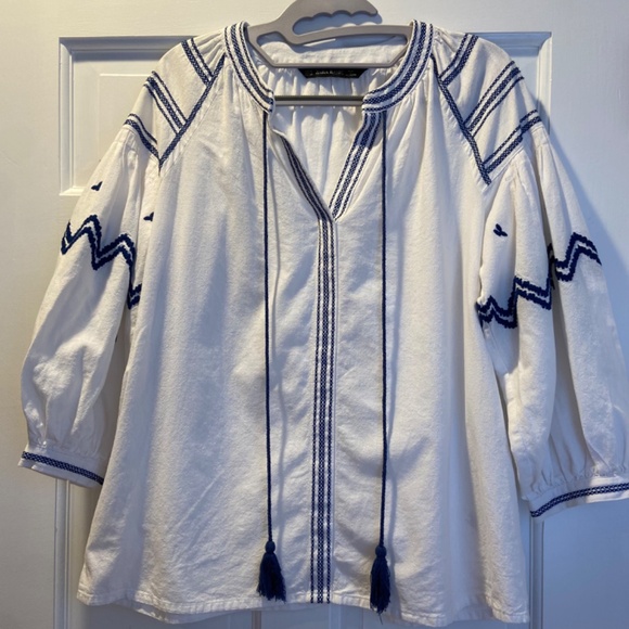 Zara Size Small Boho Blouse w/ Blue Embroidery & Tassel Detail - Picture 7 of 13